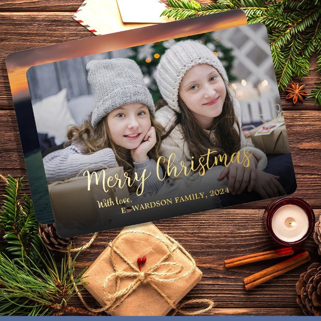 Create your own Merry Christmas photo gold (Create your own Merry Christmas photo gold Foil Holiday Card. Add your own photos, text and name.)