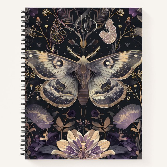 Create Your Own Misty Blue Moth Purple Flowers Notebook (Front)