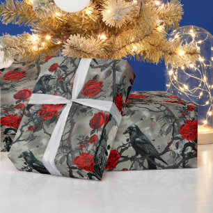 Create Your Own Misty Grey Gothic Raven Red Roses Wrapping Paper