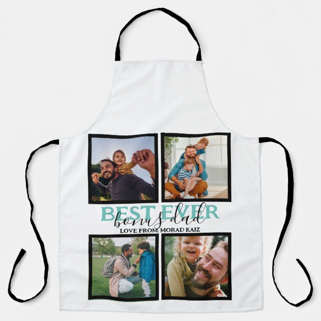 Create your own Modern Bonus Dad 4 Photo Collage Apron (Front)