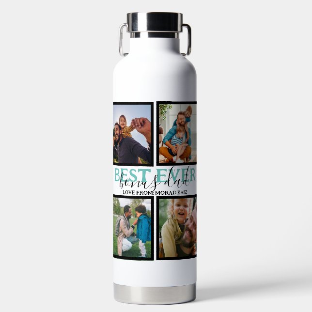 Create your own Modern Bonus Dad 4 Photo Collage  Water Bottle (Front)