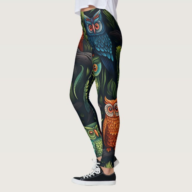 Create Your Own Multicolored Owls Black Leggings (Left)