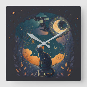 Create Your Own Mystical Black Cat & Birds Square Wall Clock