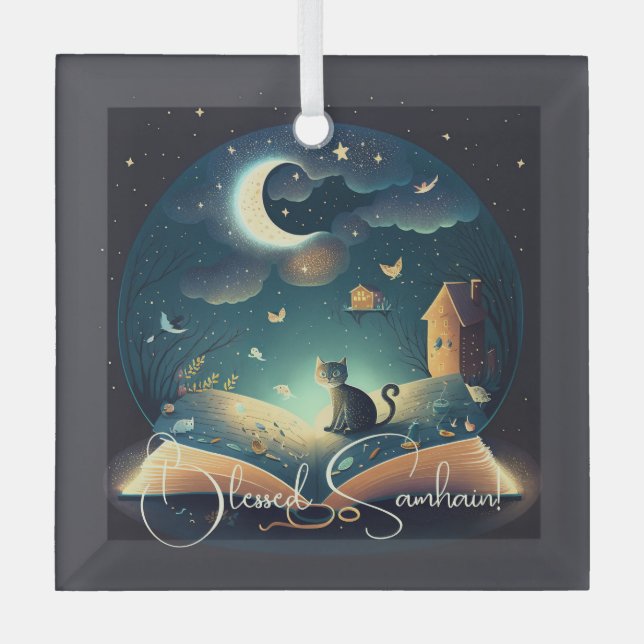 Create Your Own Mystical Black Cat & Grimoire Glass Tree Decoration (Front)