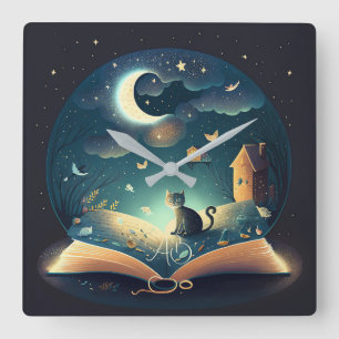 Create Your Own Mystical Black Cat & Grimoire Square Wall Clock