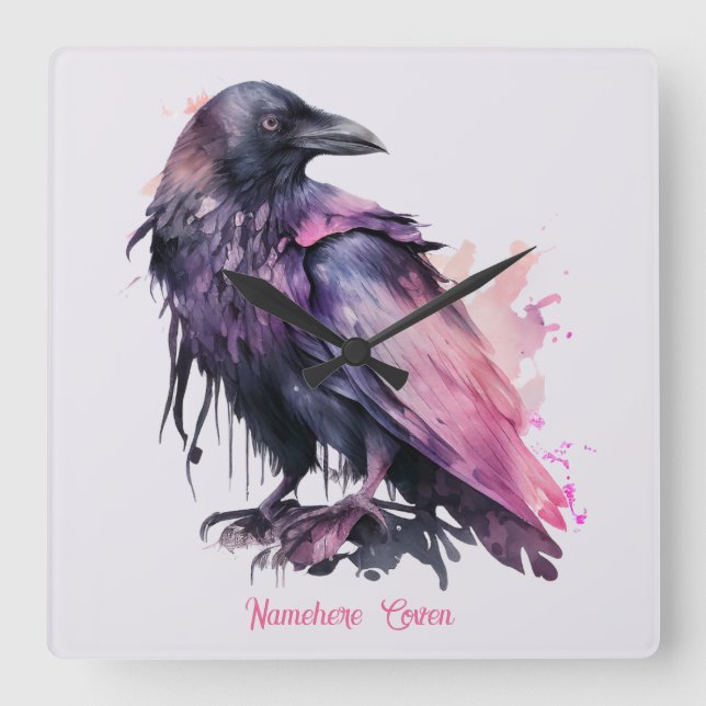 Create Your Own Mystical Black Raven Square Wall Clock (Front)
