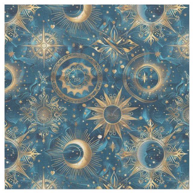 Create Your Own Mystical Blue & Gold Celestial Fabric (Close Up)