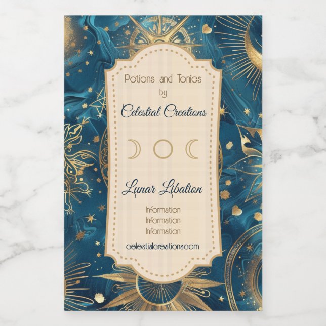 Create Your Own Mystical Blue & Gold Celestial Wine Label (Single Label)