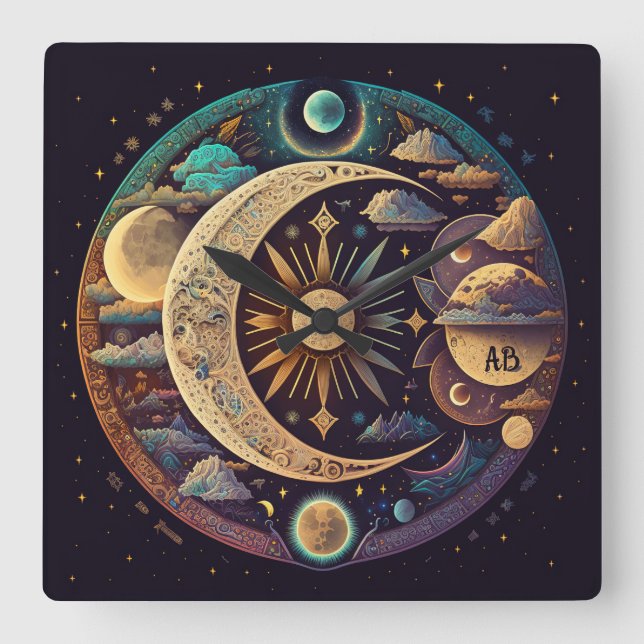 Create Your Own Mystical Crescent Moon & Planets Square Wall Clock (Front)