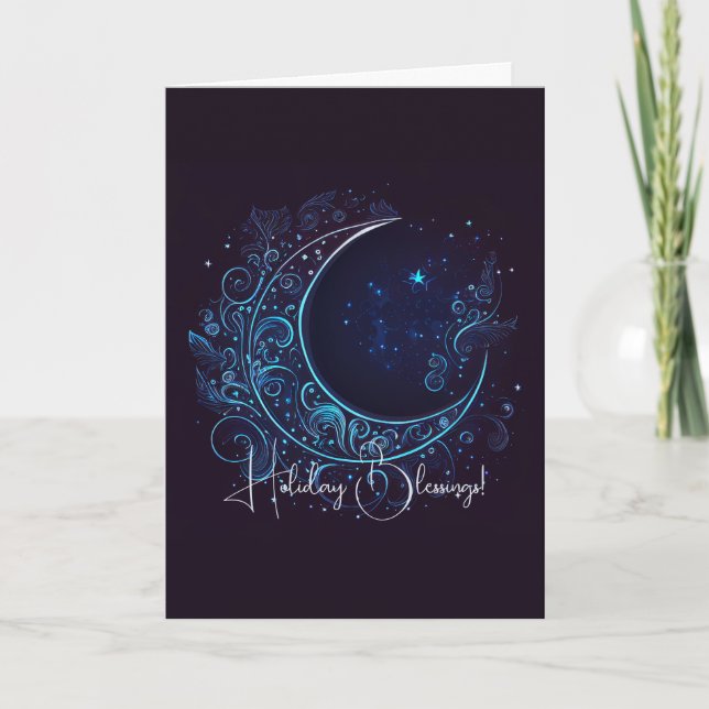 Create Your Own Mystical Filigree Moon Holiday Card (Front)