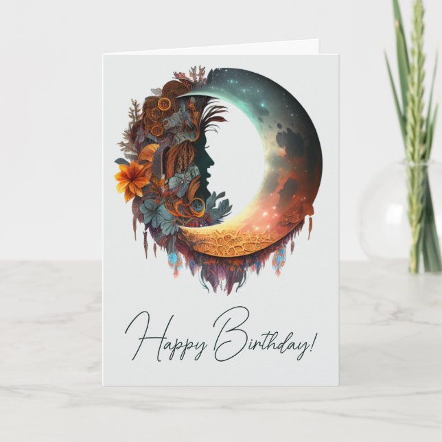 Create Your Own Mystical Floral Boho Crescent Moon Holiday Card (Front)