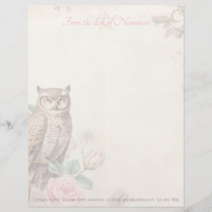 Create Your Own Mystical Owl Pink Roses Custom Letterhead