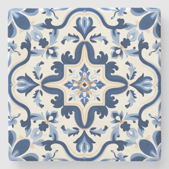 Create Your Own Navy Blue Yellow Talavera Style Stone Coaster (Front)
