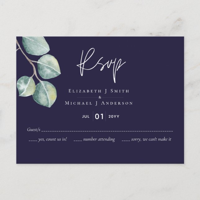 Create Your Own Navy White Eucalyptus RSVP Postcard (Front)