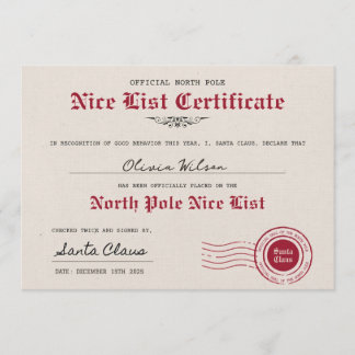 Create your own Nice List Certificate form Santa Invitation