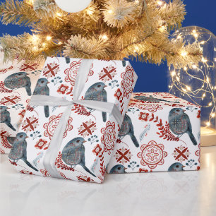 Create Your Own Nordic Blue Bird & Snowflakes Wrapping Paper