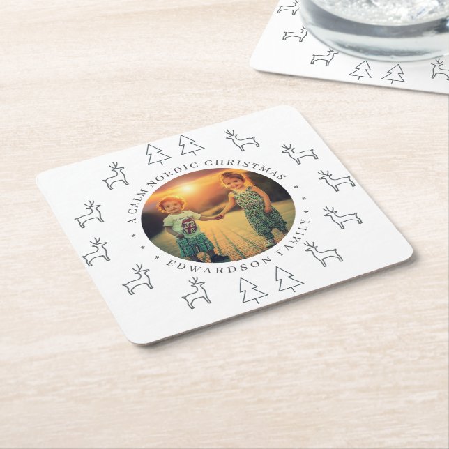 Create your own nordic family photo christmas square paper coaster (Angled)