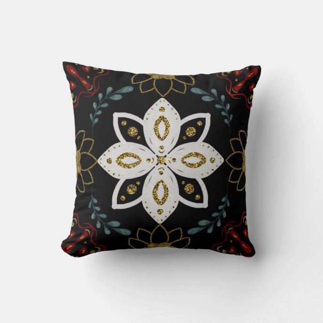 Create Your Own Nordic Red Blue Gold Floral Motifs Cushion (Front)