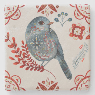Create Your Own Nordic Style Yule Blue Bird Floral Stone Coaster