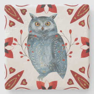 Create Your Own Nordic Style Yule Blue Owl Stone Coaster