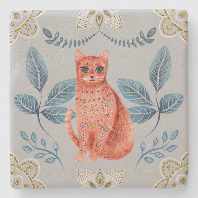 Create Your Own Nordic Style Yule Red Cat Stone Coaster (Front)