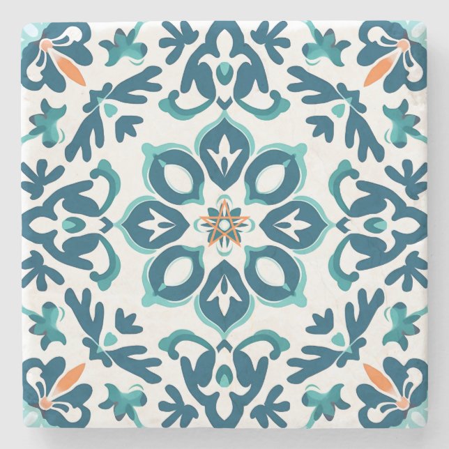 Create Your Own Orange Teal Faux Talavera Stone Coaster (Front)