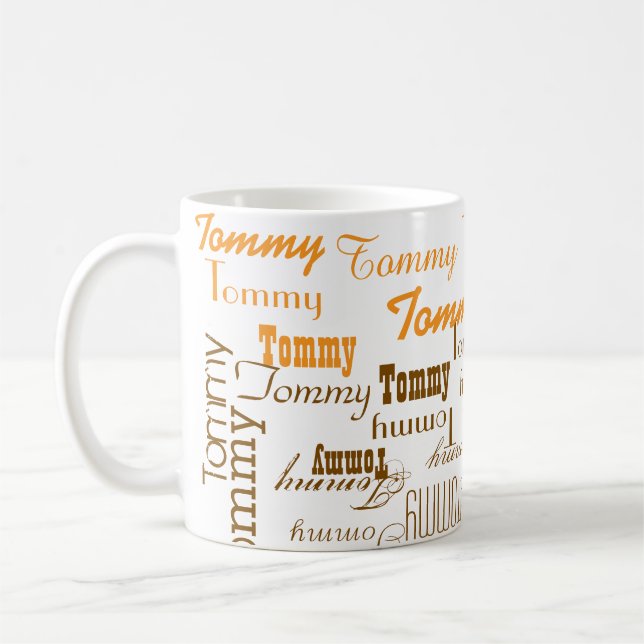 Create your own orange to brown name pattern coffee mug (Left)