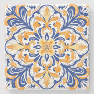 Create Your Own Ornamental Blue Yellow Floral Stone Coaster