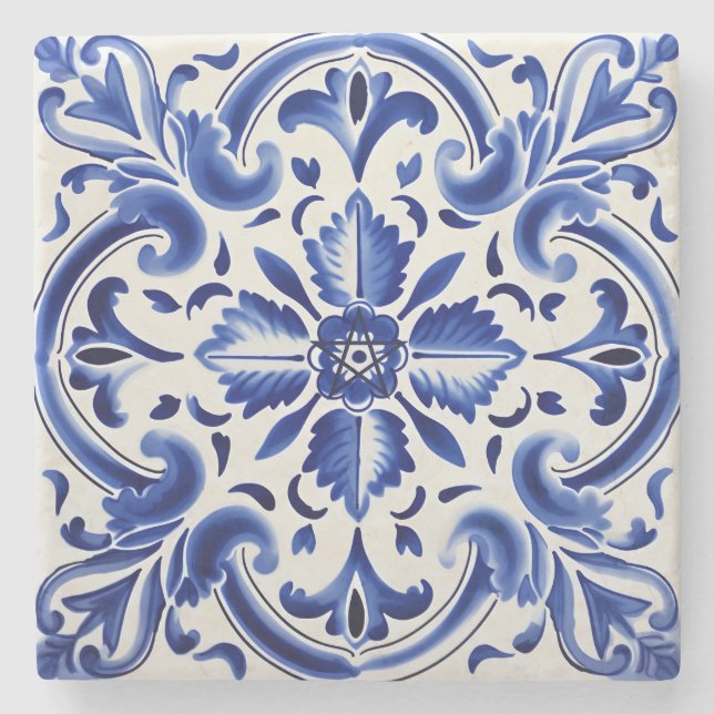 Create Your Own Painted Blue Talavera Floral Stone Coaster (Front)