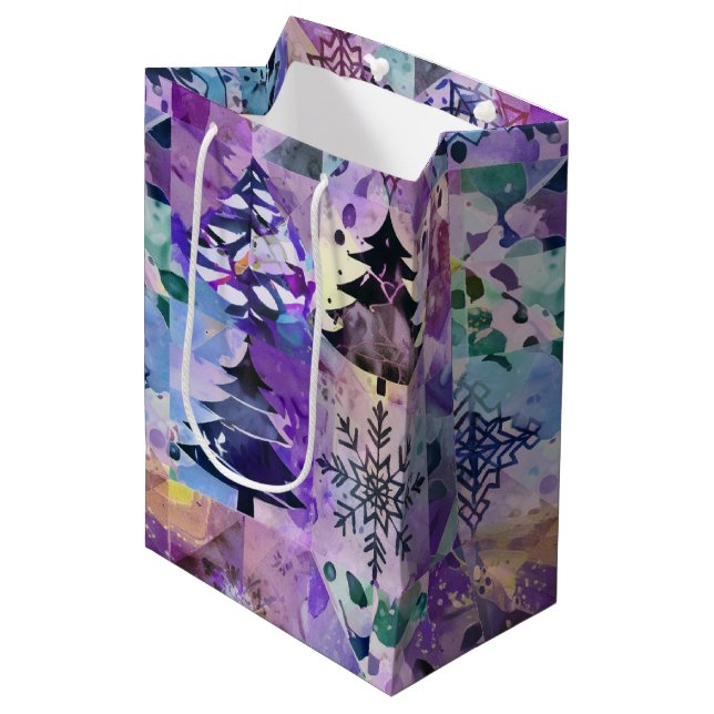 Create Your Own Patchwork Xmas Trees Snowflakes Medium Gift Bag (Front Angled)