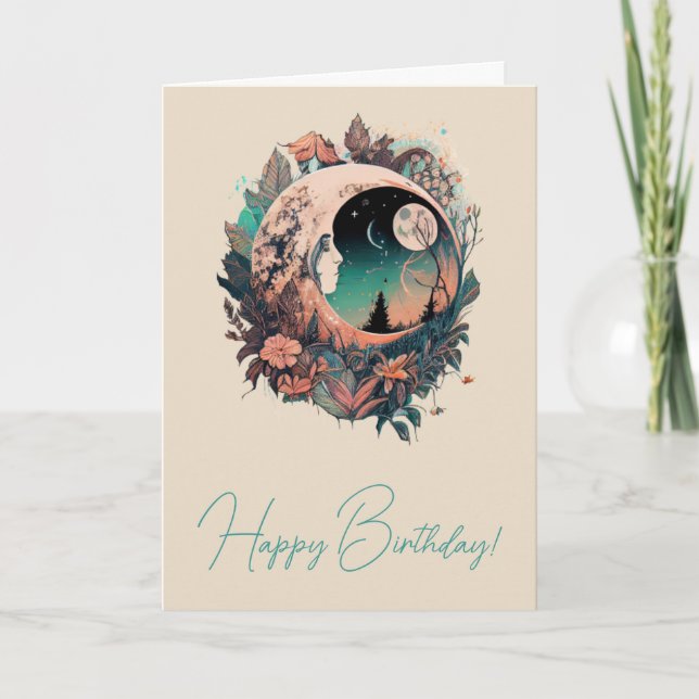 Create Your Own Peaceful Boho Crescent Moon Floral Holiday Card (Front)