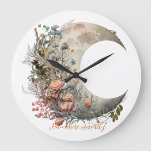 Create Your Own Peach Roses Floral Crescent Moon Large Clock