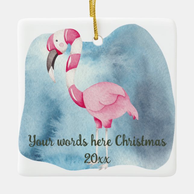 Create Your Own Peppermint Flamingo Christmas Ceramic Ornament (Front)