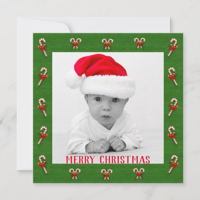 Create Your Own Photo Christmas Candy Cane Pattern Holiday Card (Front)