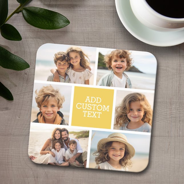 Create Your Own Photo Collage - 6 photos Monogram Square Paper Coaster (Personalized coaster with 6 photos and text)