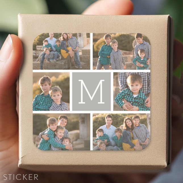 Create Your Own Photo Collage - 6 photos Monogram Square Sticker (Custom Sticker)