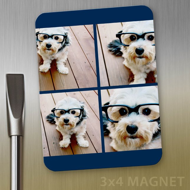 Create Your Own Photo Collage - Navy 4 Pictures Magnet (Personalized refrigerator magnet with photo collage and custom text - add 4 photos to this design)