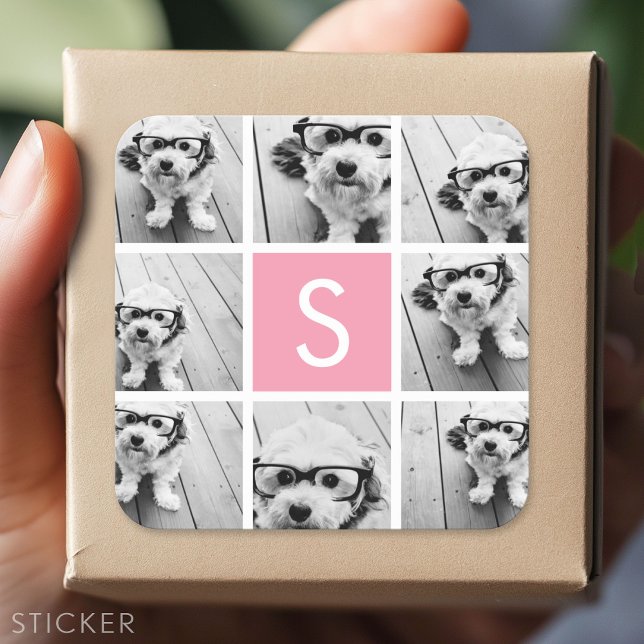Create Your Own Photo Collage - Pink Monogram Square Sticker (Custom Sticker - Personalize with your info for a party favor or gift)