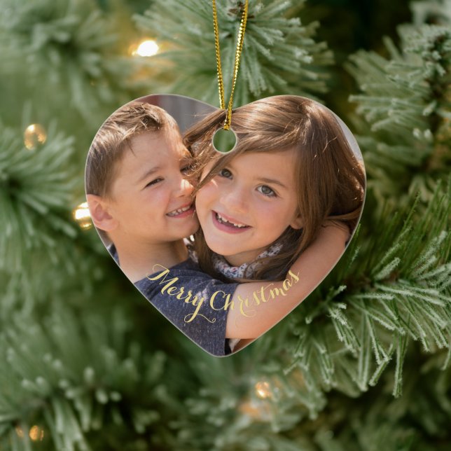 Create Your Own Photo Gold Text Christmas Heart Ceramic Tree Decoration (Tree)