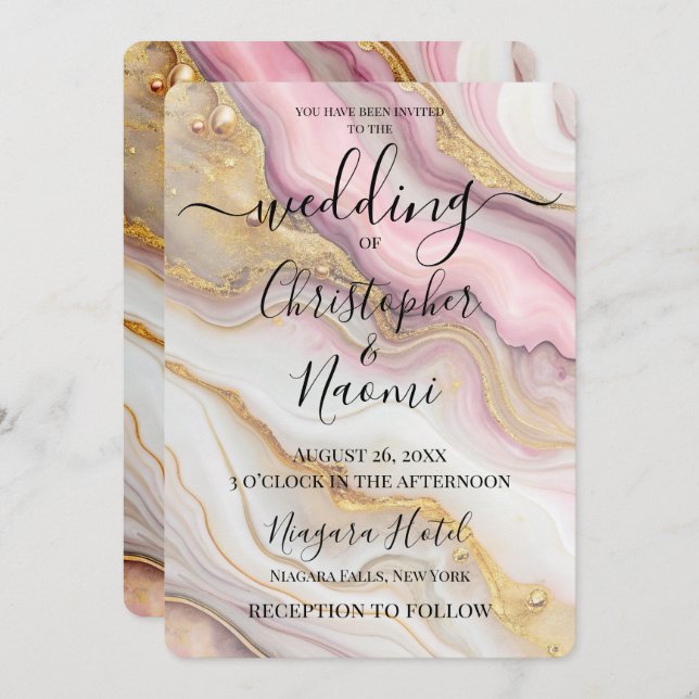Create Your Own Pink & Gold Alcohol Ink Wedding Invitation (Front/Back)
