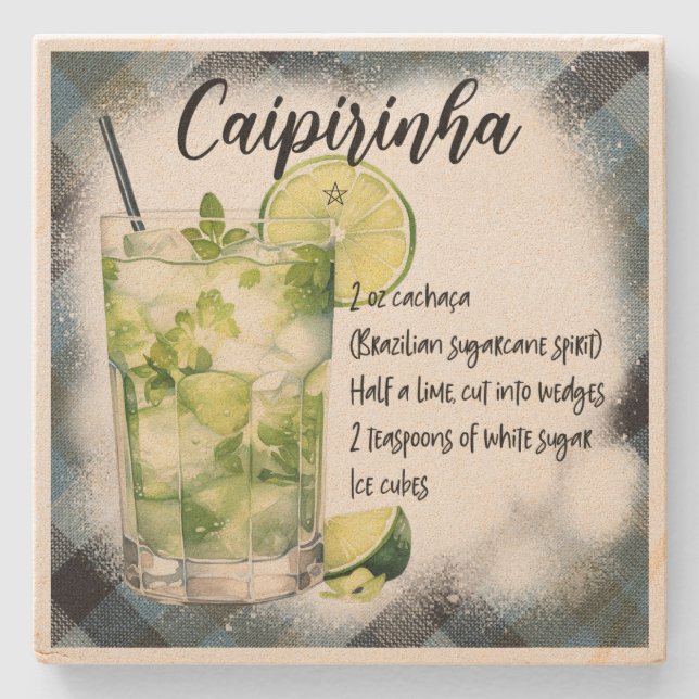 Create Your Own Plaid Caipirinha Cocktail Recipe Stone Coaster (Front)
