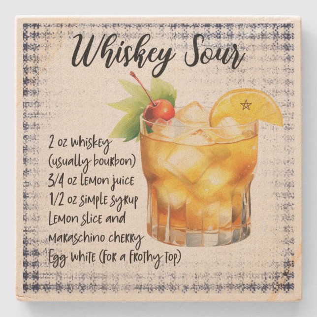 Create Your Own Plaid Whisky Sour Recipe Stone Coaster (Front)