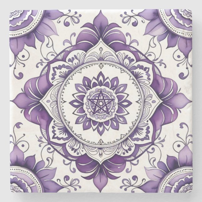 Create Your Own Plum Purple Talavera Floral Stone Coaster (Front)