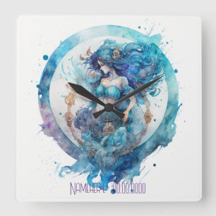 Create Your Own Purple & Blue Aquarius Zodiac Square Wall Clock