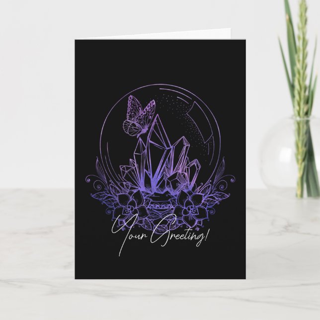 Create Your Own Purple Crystal Ball & Flowers Holiday Card (Front)