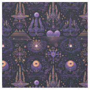 Create Your Own Purple & Gold Witchy Symbols Black Fabric