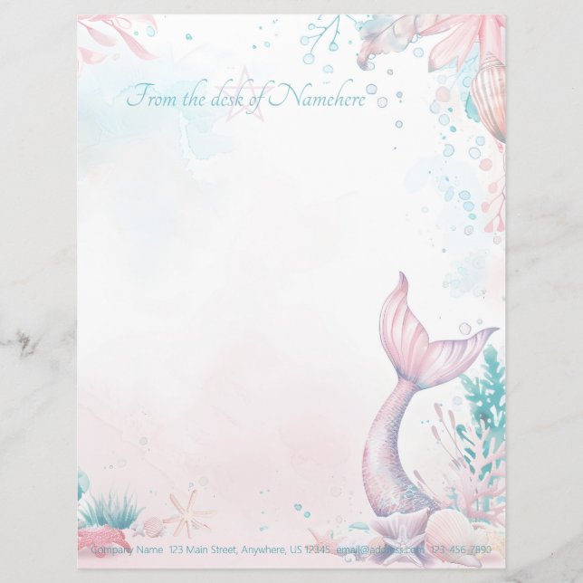 Create Your Own Purple Mermaid Tail Sea Shells Custom Letterhead (Front)