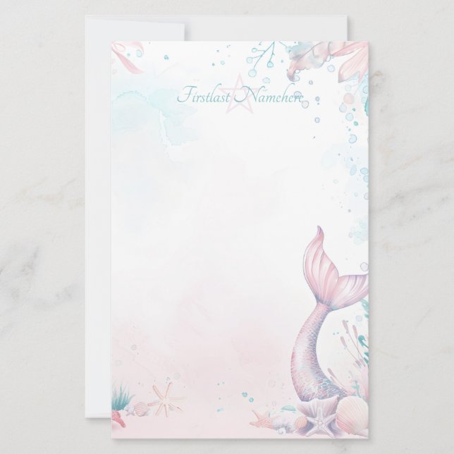Create Your Own Purple Mermaid Tail Sea Shells Stationery (Front)