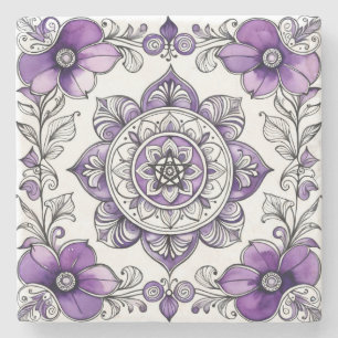 Create Your Own Purple Violets Talavera Floral Stone Coaster