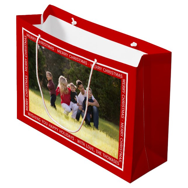 Create your own red Christmas photo gift bag (Front Angled)